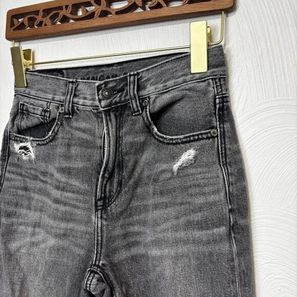 American Eagle Mom Jeans Black Dark Wash Distressed Casual Cotton Womens 00 Reg - Picture 2 of 8